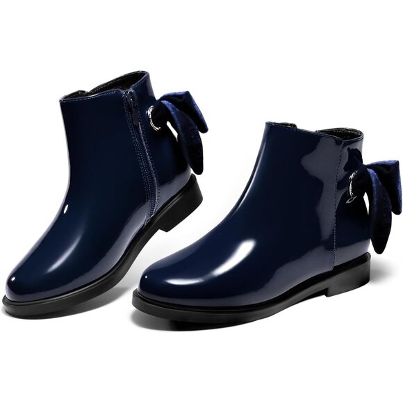 ⚡Girls Navy Blue Faux Leather Ankle Bow Chunky Low Heel Side Zipper Dress Boot - Picture 1 of 6